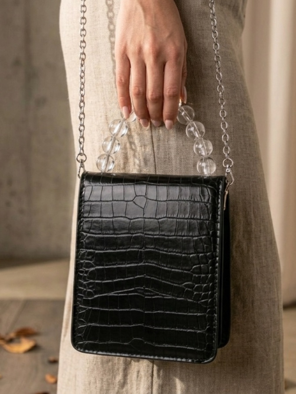 Vegan Leather Croc Clutch Bag with Beads Handle